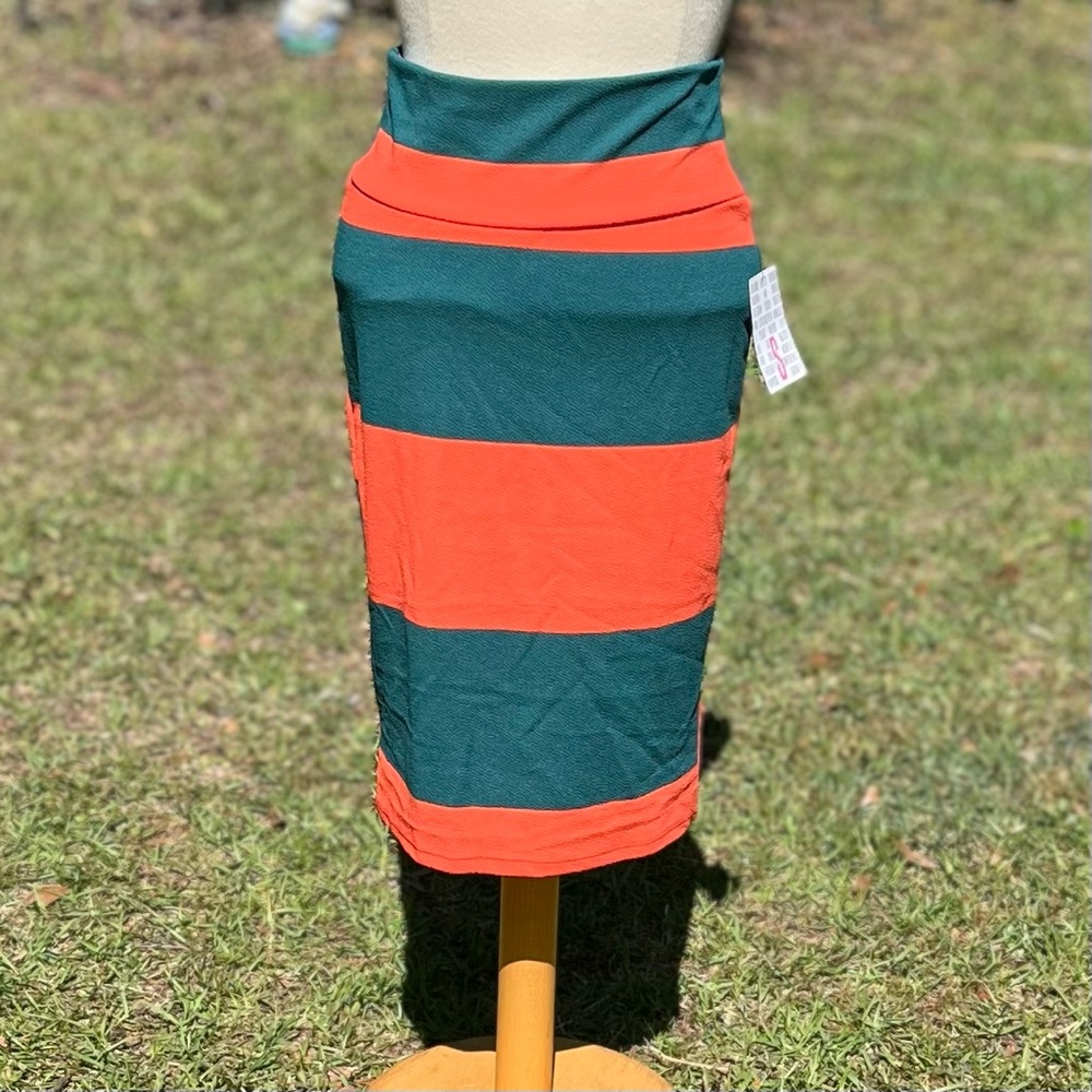 NWT LuLaRoe Cassie Green and Orange Striped Pencil Skirt Size Small